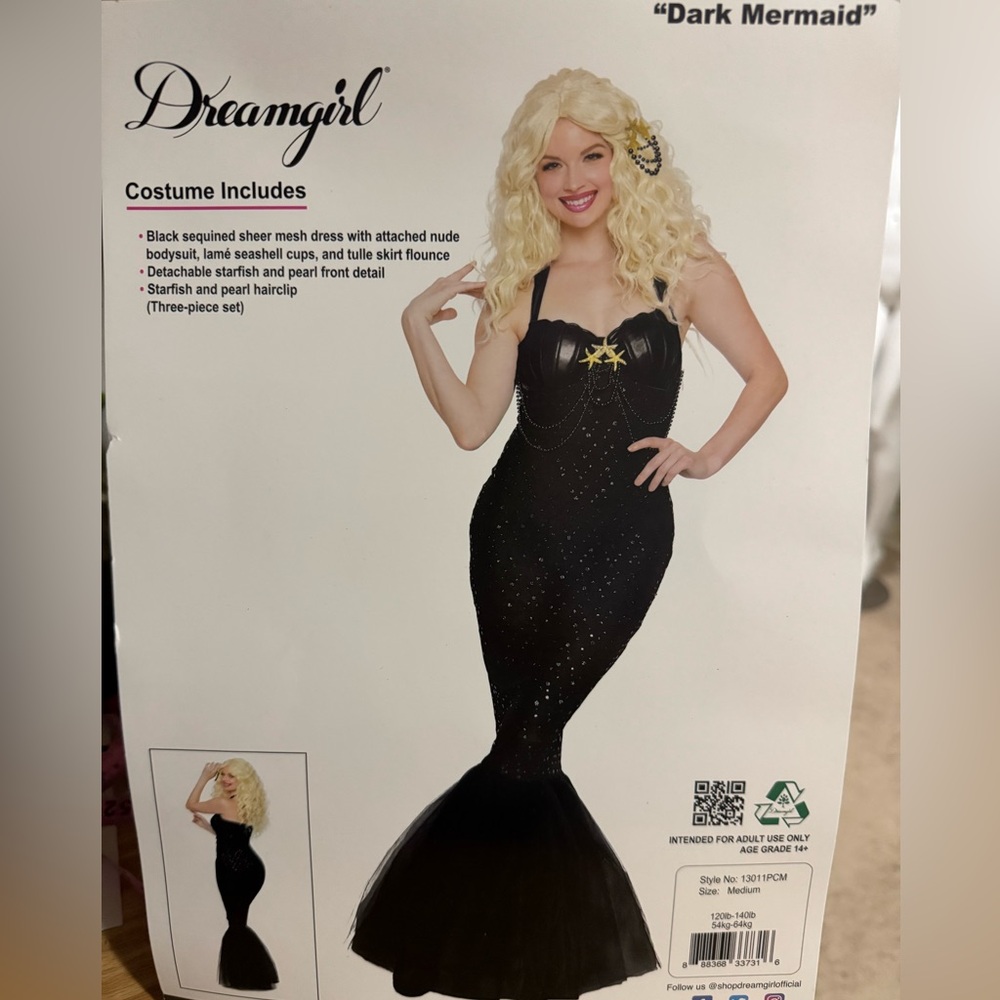 Dreamgirl Dark Mermaid Costume with Black Sequins size XL